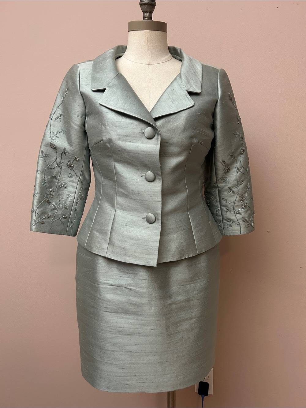 VTG Lillie Rubin Silver-Green Silk Wool Embroidered Skirt Suit set sz 6